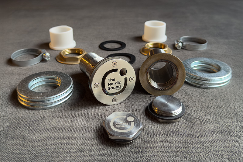 Patent-pending LV-RV stainless steel hose fitting for hot tubs and ice baths — complete component set with sealing gasket, clamping nut, washers, and closure caps