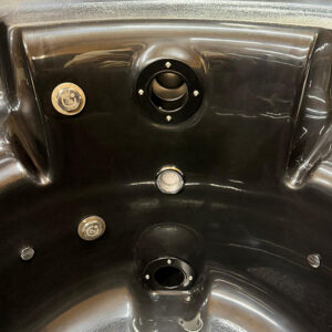 Patent-pending LV-RV stainless steel hose fitting for hot tubs and ice baths — complete component set with sealing gasket, clamping nut, washers, and closure caps